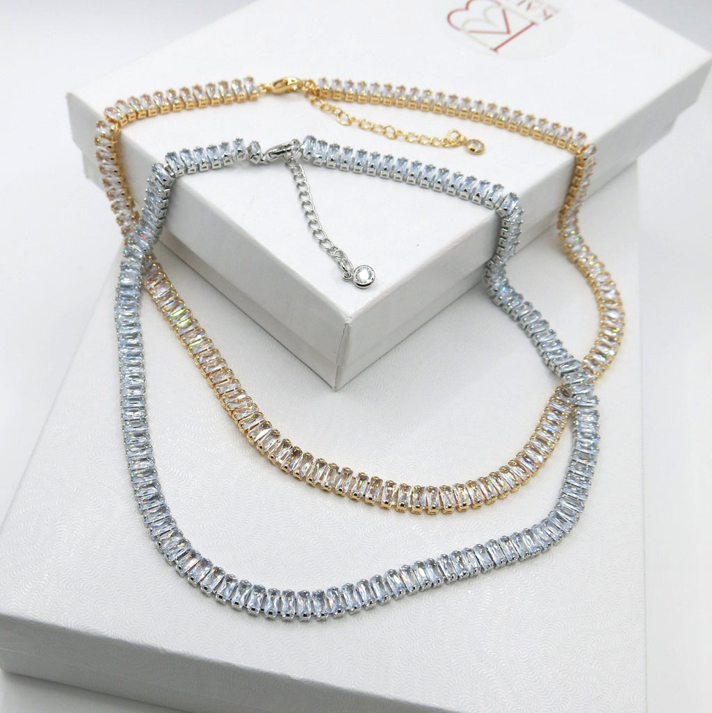 Diamond CZ Crystal Tennis Necklace, 14K Gold Plated Crystal Necklace, Baguette Cut Crystal Fashion Jewelry - KaleaBoutique.com