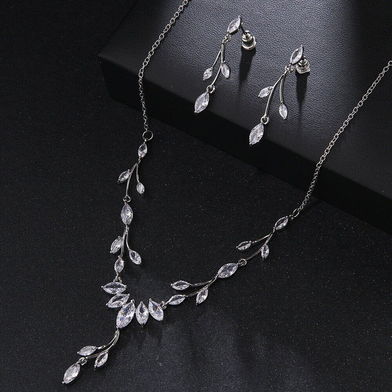 Diamond Gem Marquise Cut 3 PC Wedding Jewelry Set, Platinum Plated Bridal CZ Crystal Y Necklace and Earrings Set - KaleaBoutique.com