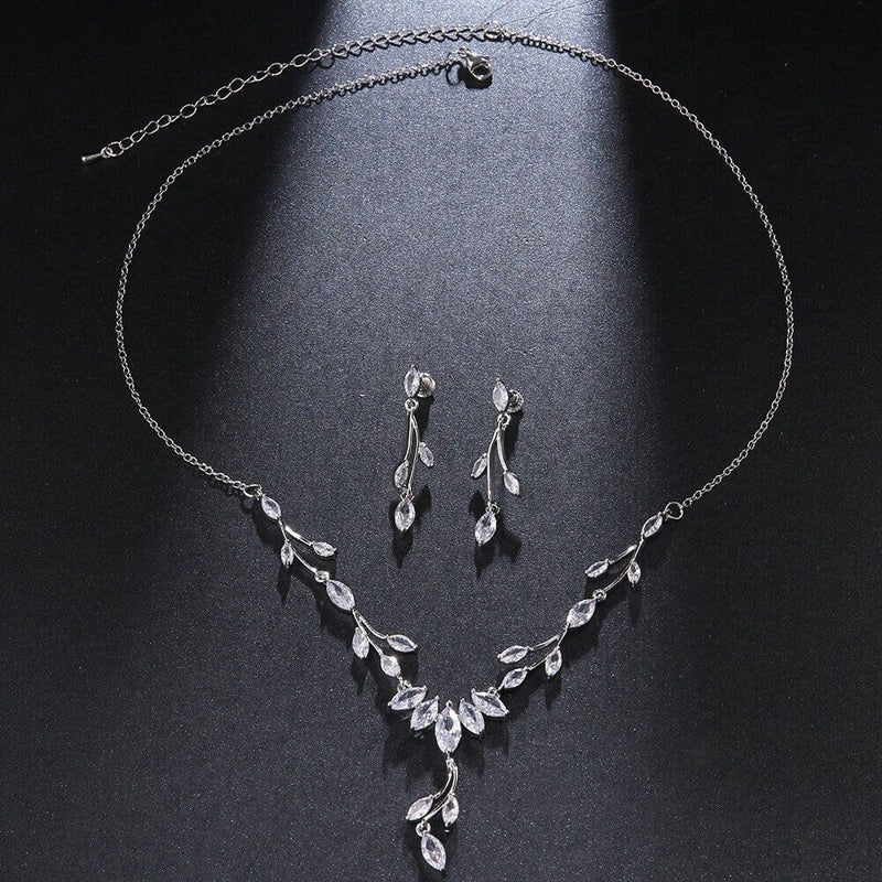 Diamond Gem Marquise Cut 3 PC Wedding Jewelry Set, Platinum Plated Bridal CZ Crystal Y Necklace and Earrings Set - KaleaBoutique.com