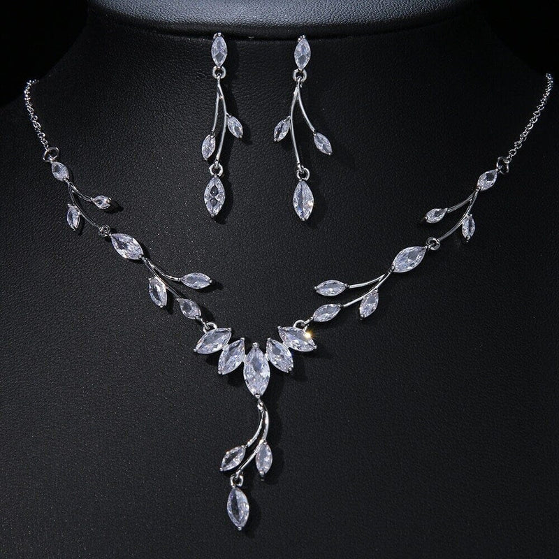 Diamond Gem Marquise Cut 3 PC Wedding Jewelry Set, Platinum Plated Bridal CZ Crystal Y Necklace and Earrings Set - KaleaBoutique.com