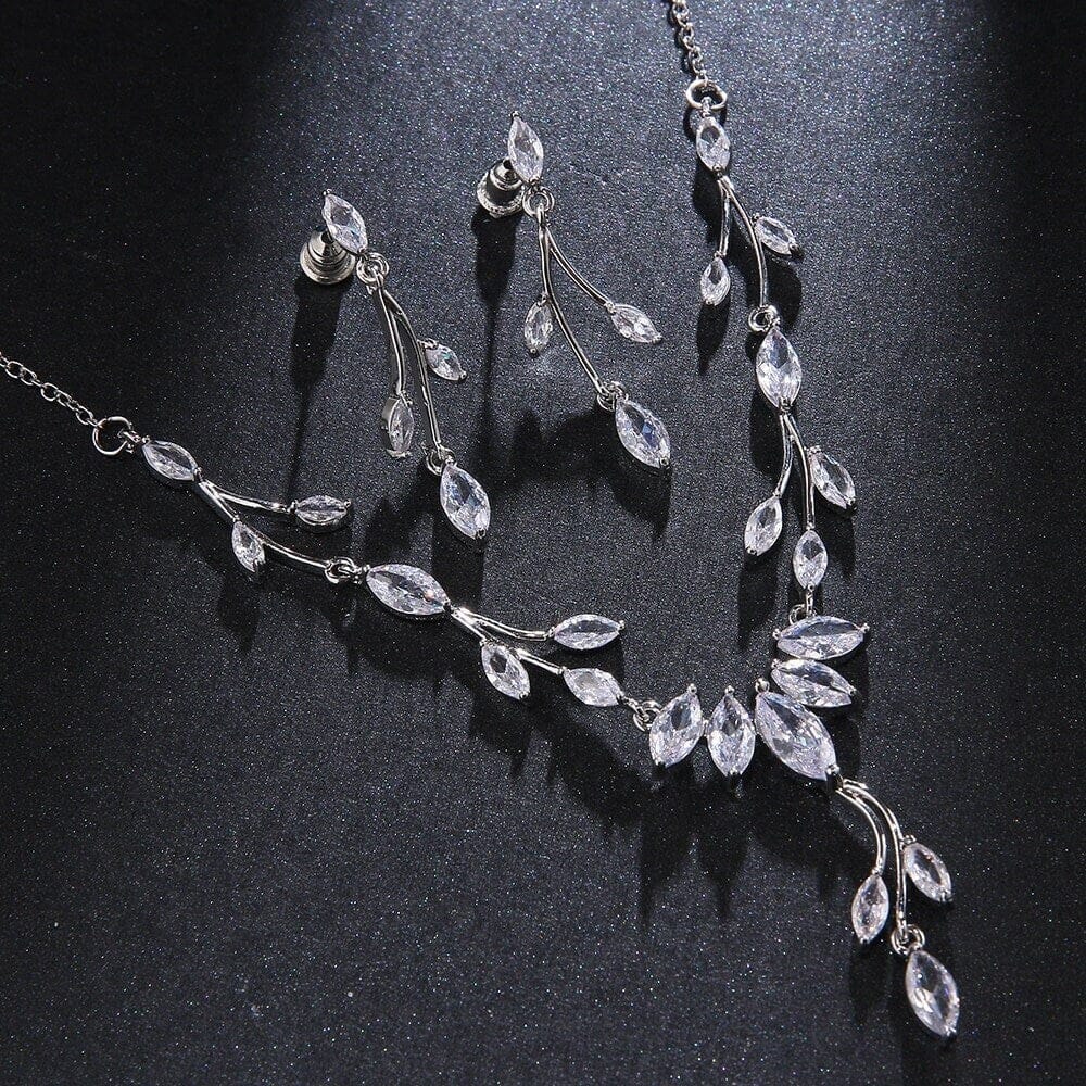 Diamond Gem Marquise Cut 3 PC Wedding Jewelry Set, Platinum Plated Bridal CZ Crystal Y Necklace and Earrings Set - KaleaBoutique.com