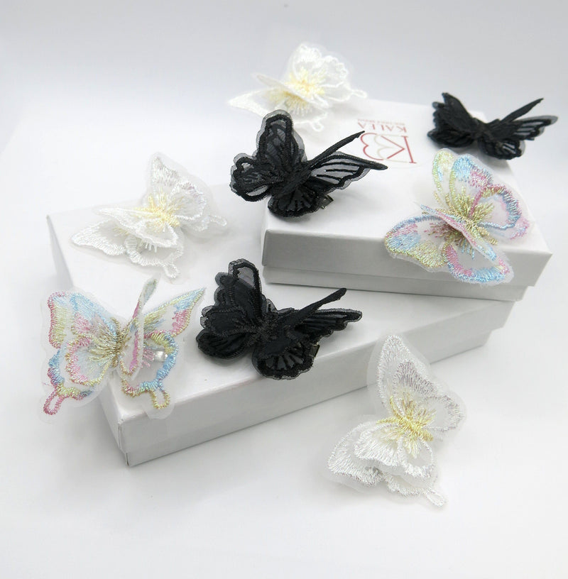 Double Butterfly 4 PC Hair Clip Set, Wedding Embroidered Chiffon Hairclips, Lace Butterfly Bridal Hair Cliips - KaleaBoutique.com