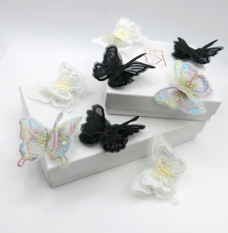 Double Butterfly Wing Alligator Bridal Hair Clips, Wedding Embroidered Chiffon Delicate Hairclips, Girl Lace Butterfly Hairpiece, Set of 4 - KaleaBoutique.com