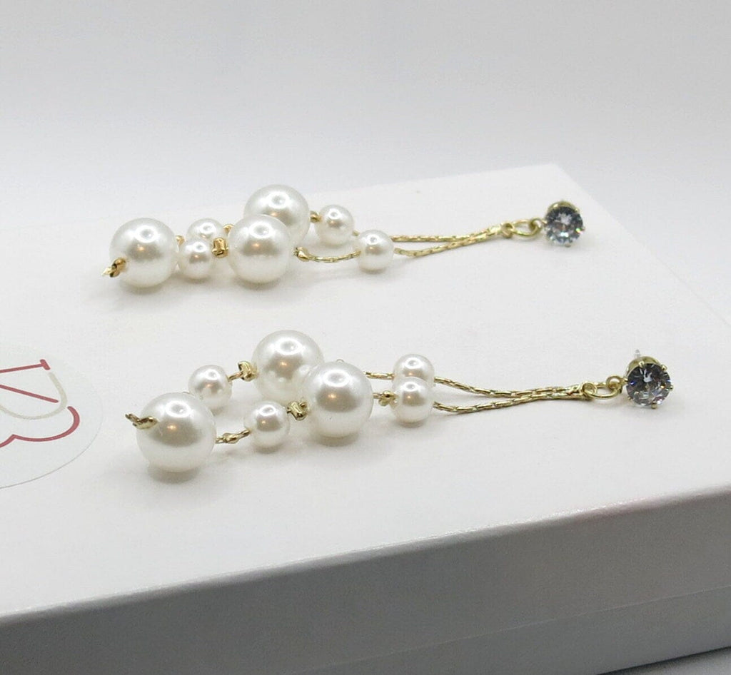 Dual Strand Pearl Earrings, S925 Silver Post Floating Pearl Earrings, 14K Gold Plated Bridal Dangle Ear Studs - KaleaBoutique.com