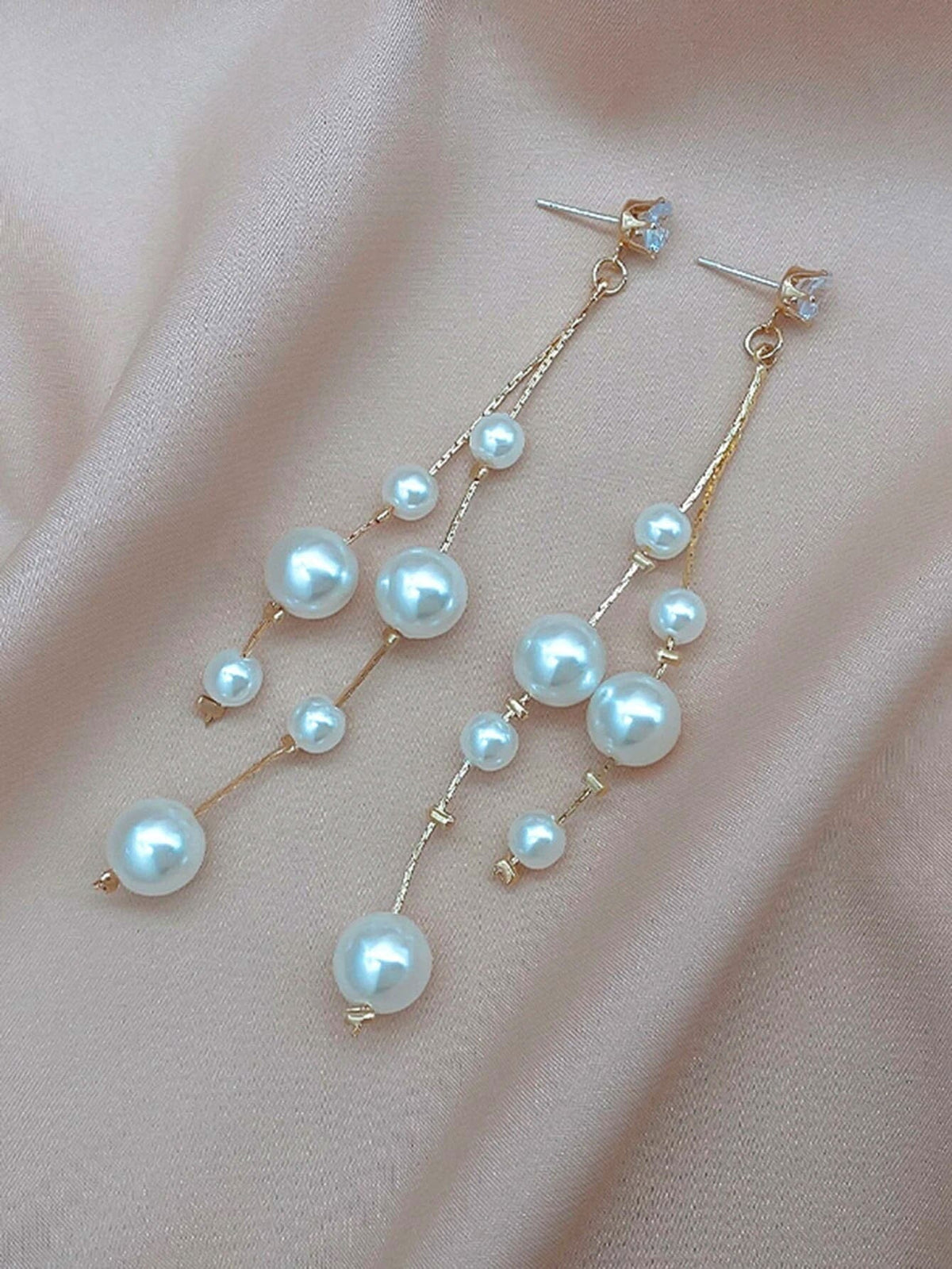 Dual Strand Pearl Earrings, S925 Silver Post Floating Pearl Earrings, 14K Gold Plated Bridal Dangle Ear Studs - KaleaBoutique.com