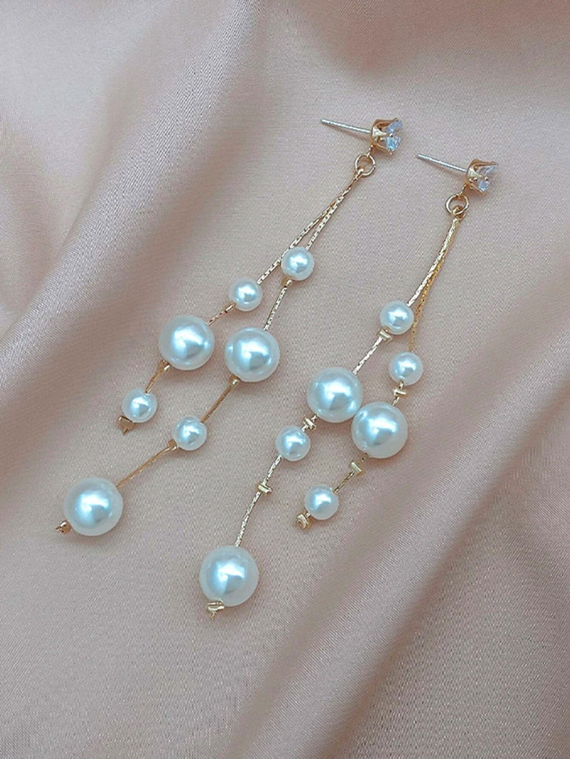 Dual Strand Pearl Earrings, S925 Silver Post Floating Pearl Earrings, 14K Gold Plated Bridal Dangle Ear Studs - KaleaBoutique.com