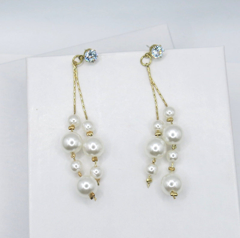 Dual Strand Pearl Earrings, S925 Silver Post Floating Pearl Earrings, 14K Gold Plated Bridal Dangle Ear Studs - KaleaBoutique.com