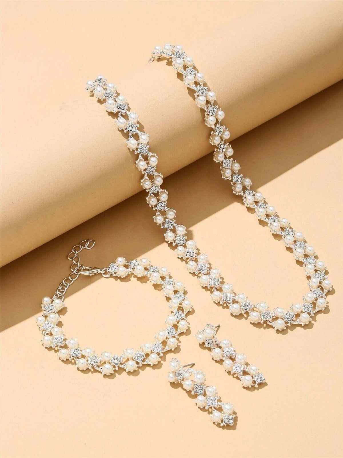 Double Layer Pearl 4 PC Jewelry Set, Pearl and Crystal 4 PC Wedding Jewelry, Bridal Pearl Necklace, Earrings and Bracelet Set - KaleaBoutique.com