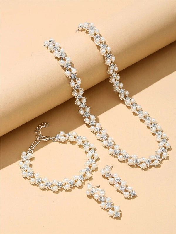 Double Layer Pearl 4 PC Jewelry Set, Pearl and Crystal 4 PC Wedding Jewelry, Bridal Pearl Necklace, Earrings and Bracelet Set - KaleaBoutique.com