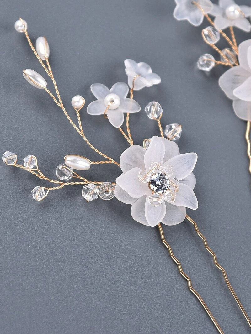 Double Flower Crystal 2 PC Hairpin Set, Bridal Pearl Flower Hair Pins, Wedding Pearl Floral Hair Pin Set - KaleaBoutique.com