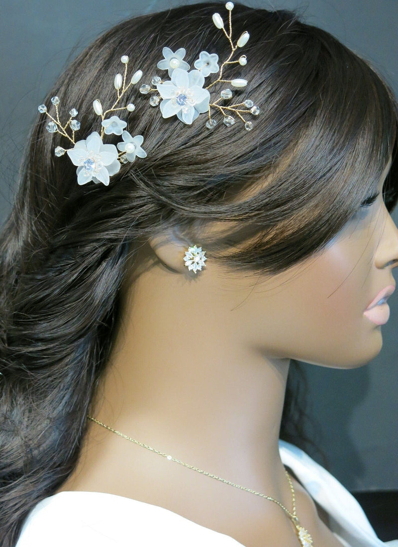 Double Flower Crystal 2 PC Hairpin Set, Bridal Pearl Flower Hair Pins, Wedding Pearl Floral Hair Pin Set - KaleaBoutique.com