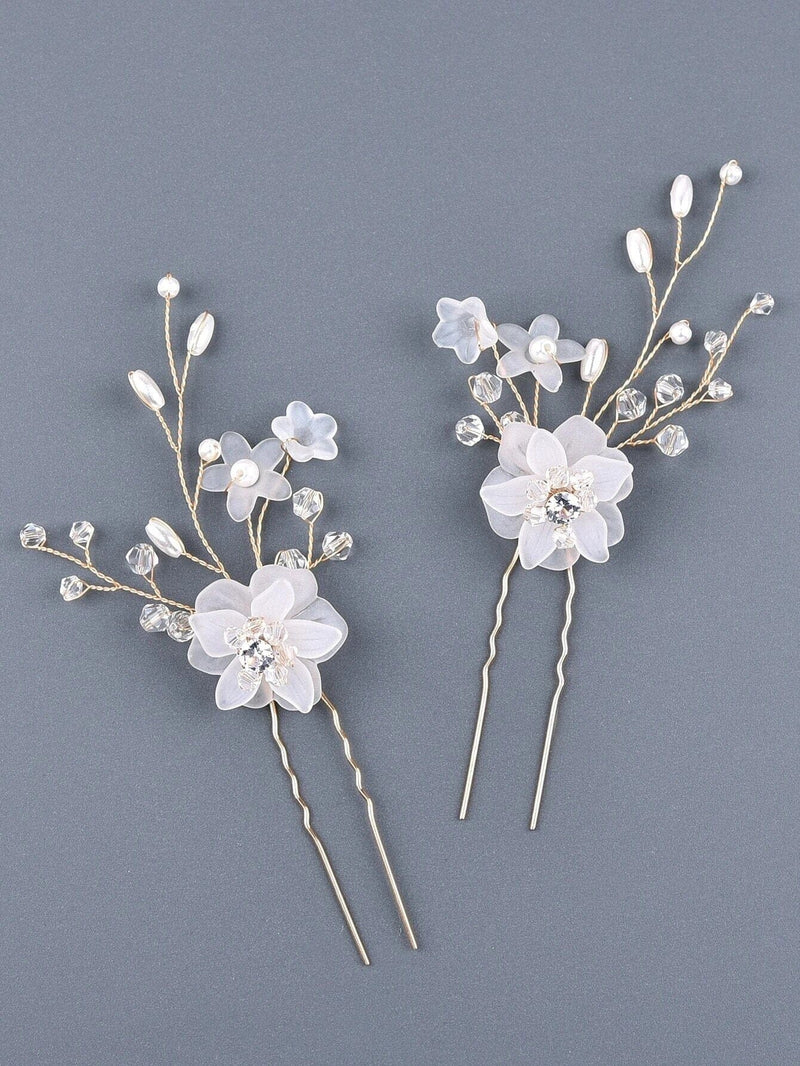 Double Flower Crystal 2 PC Hairpin Set, Bridal Pearl Flower Hair Pins, Wedding Pearl Floral Hair Pin Set - KaleaBoutique.com