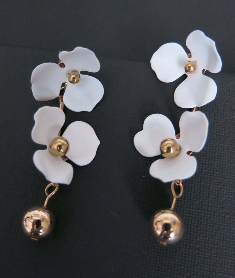 Double White Flower Bridal Earrings, Floral Dangle Wedding Earrings, Cascading Flowers Large Earrings for Bride - KaleaBoutique.com