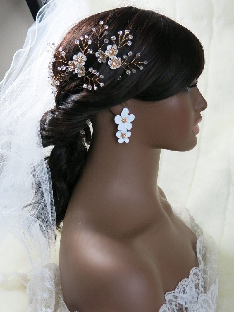 Double White Flower Earrings, Wedding Bridal Bridesmaid Floral Dangle Studs, Fashion Flower Stud Tassel Earrings, White Flowerhead Studs - KaleaBoutique.com