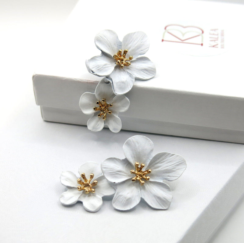 Double White Flower Earrings, Wedding Floral Dangle Studs, Bridal Flower Dangle Stud Earrings - KaleaBoutique.com