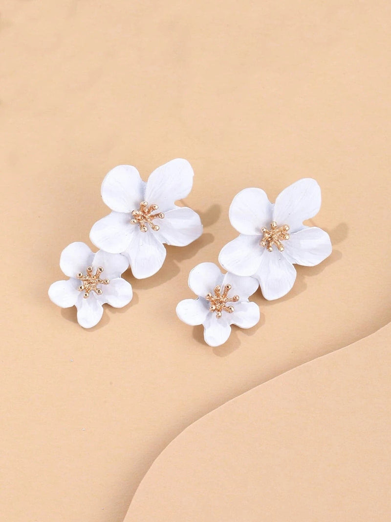 Double White Flower Earrings, Wedding Bridal Bridesmaid Floral Dangle Studs, Fashion Flower Stud Tassel Earrings, White Flowerhead Studs - KaleaBoutique.com