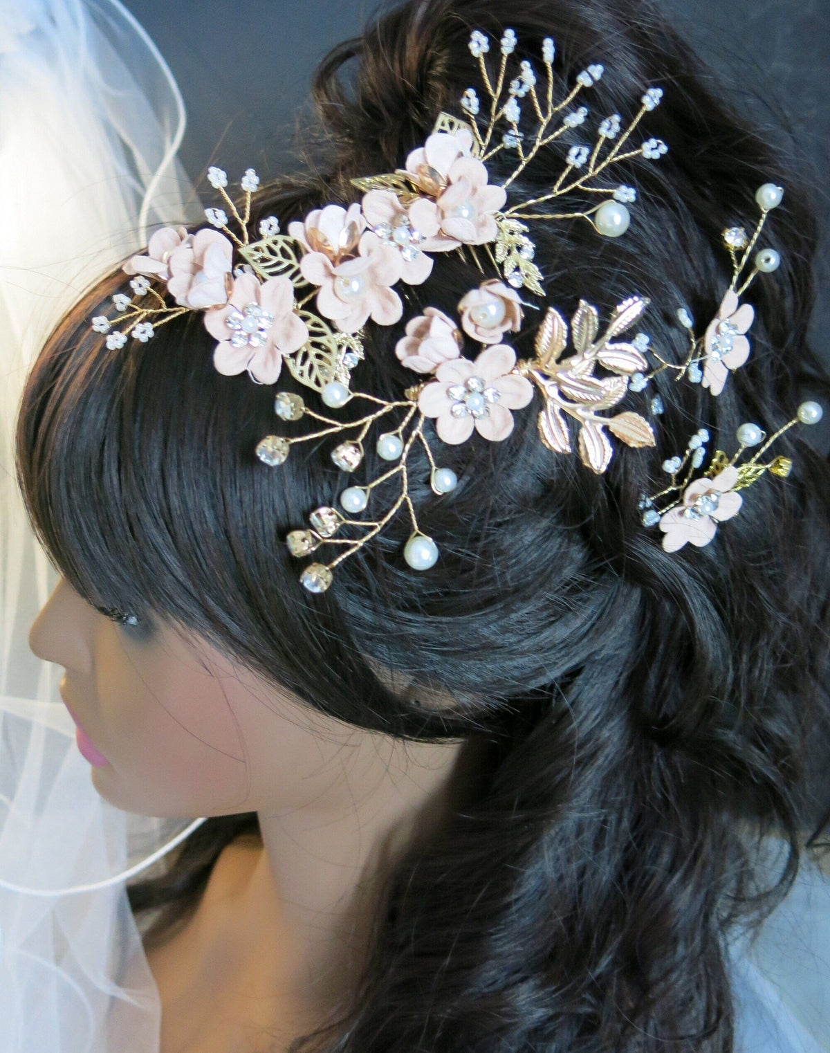 Dusty Pink Flower Bridal Hair Comb, Bridesmaid Floral Blush Hairpieces, Wedding Pink Flower Wire Hairpins - KaleaBoutique.com