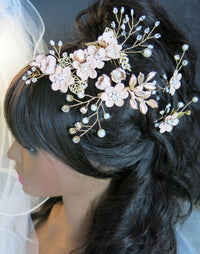Dusty Pink Flower Bridal Hair Comb, Bridesmaid Floral Blush Hairpieces, Wedding Pink Flower Wire Hairpins - KaleaBoutique.com