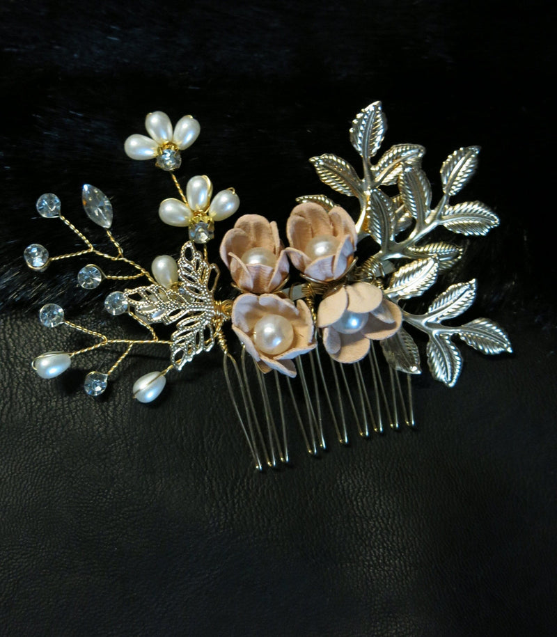 Dusty Pink Velour Flower Cluster Hair Combs, Bridesmaid Floral Blush Hairpieces, Bridal Pink Flower Gold Wire Hairpins, Wedding Hair Pins - KaleaBoutique.com