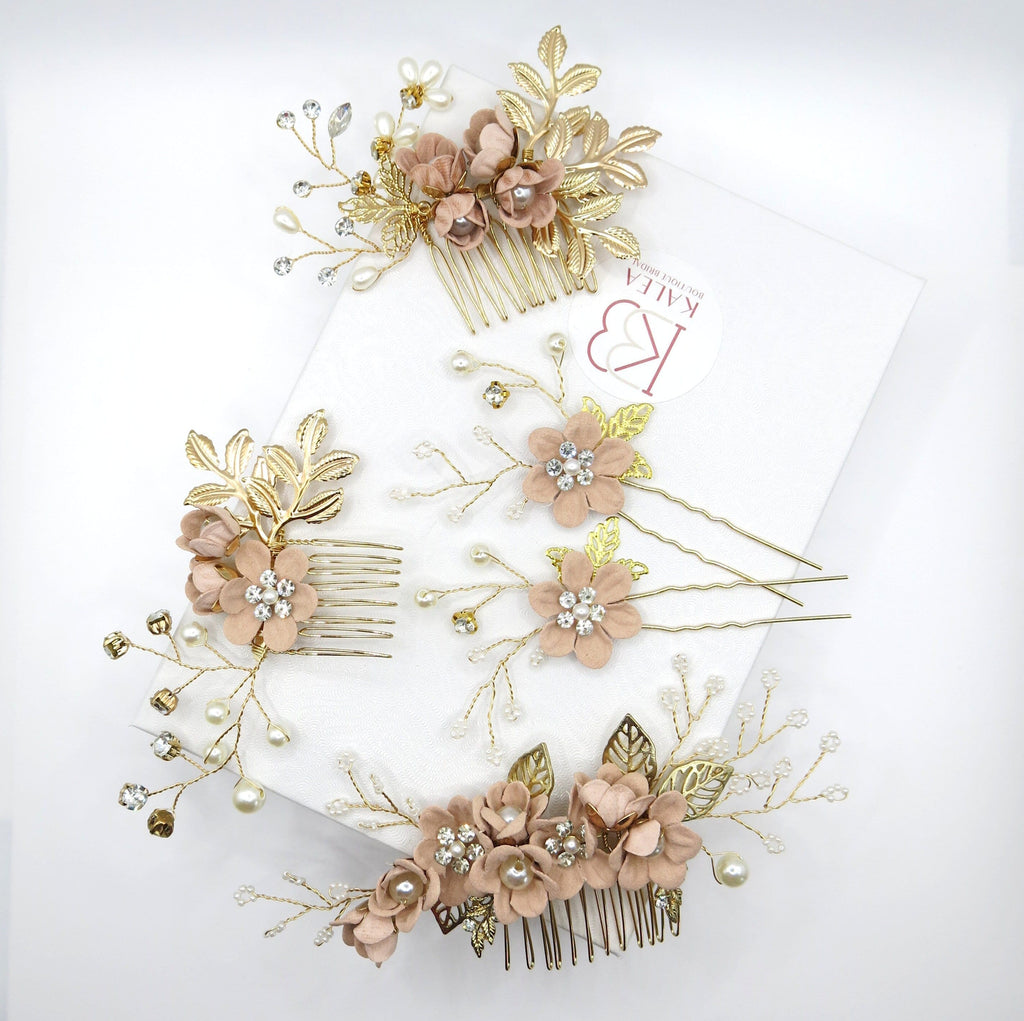 Dusty Pink Velour Flower Cluster Hair Combs, Bridesmaid Floral Blush Hairpieces, Bridal Pink Flower Gold Wire Hairpins, Wedding Hair Pins - KaleaBoutique.com