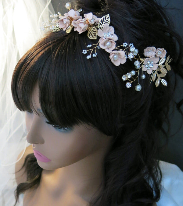 Dusty Pink Flower Bridal Hair Comb, Bridesmaid Floral Blush Hairpieces, Wedding Pink Flower Wire Hairpins - KaleaBoutique.com
