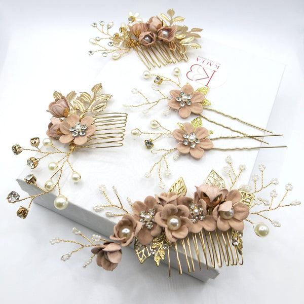 Dusty Pink Flower Bridal Hair Comb, Bridesmaid Floral Blush Hairpieces, Wedding Pink Flower Wire Hairpins - KaleaBoutique.com