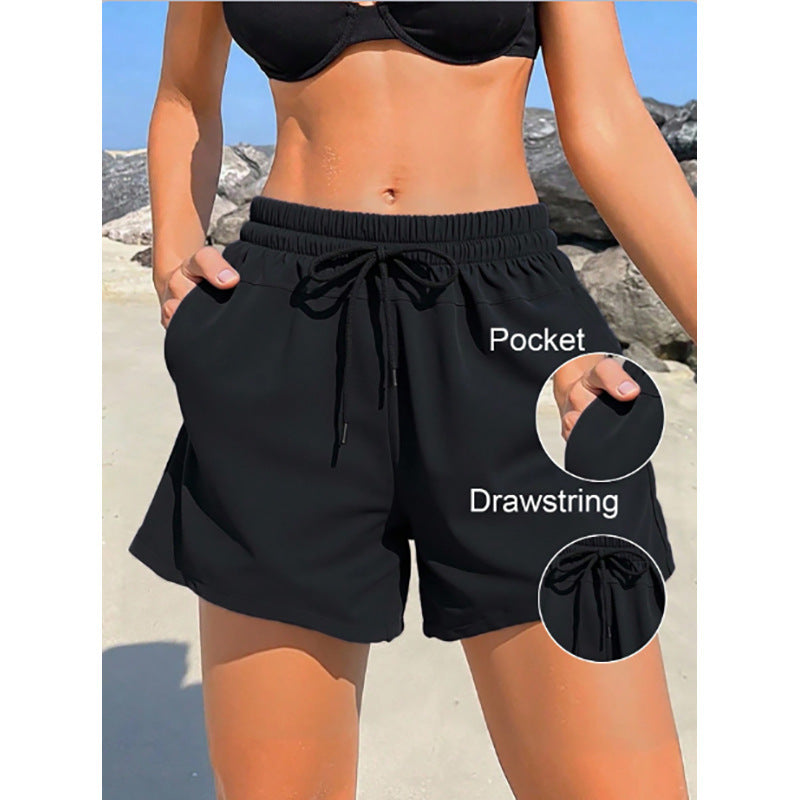 Women's Black Drawstring Swim Shorts with Pockets - KaleaBoutique.com