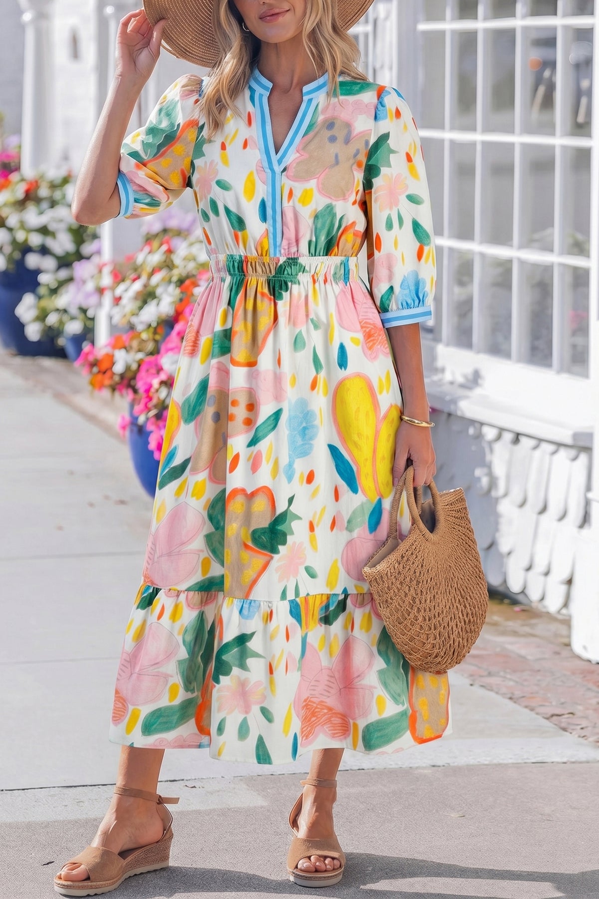 KaleaBoutique Stylish Floral Doodle Print Striped Trim V Neck Midi Dress - KaleaBoutique.com