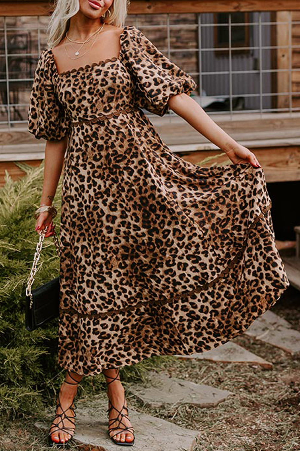 KaleaBoutique Stylish Leopard Print Bubble Sleeve Square Neck Maxi Dress - KaleaBoutique.com