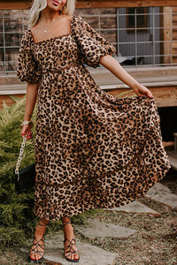 KaleaBoutique Stylish Leopard Print Bubble Sleeve Square Neck Maxi Dress - KaleaBoutique.com