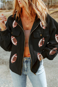 KaleaBoutique Sequined Rugby Football Pattern Pocketed Zipper Hooded Jacket - KaleaBoutique.com