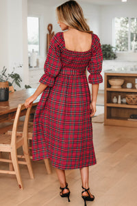 KaleaBoutique Stylish Plaid Square Neck Puff Sleeve Knot Waist Flared Midi Dress - KaleaBoutique.com