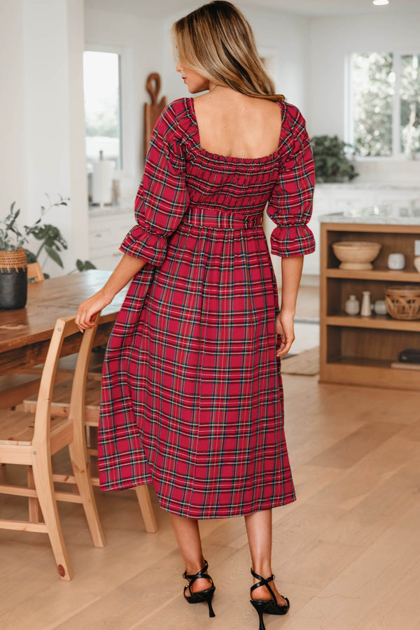 KaleaBoutique Stylish Plaid Square Neck Puff Sleeve Knot Waist Flared Midi Dress - KaleaBoutique.com