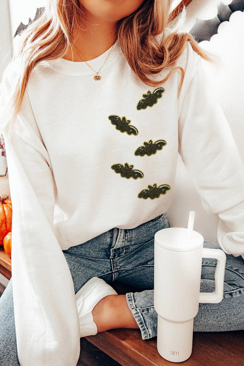 White Sequin Bat Halloween Pullover Sweatshirt - KaleaBoutique.com
