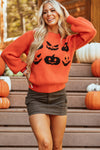 KaleaBoutique Halloween Pumpkin Face Pattern Drop Shoulder Sweater - KaleaBoutique.com