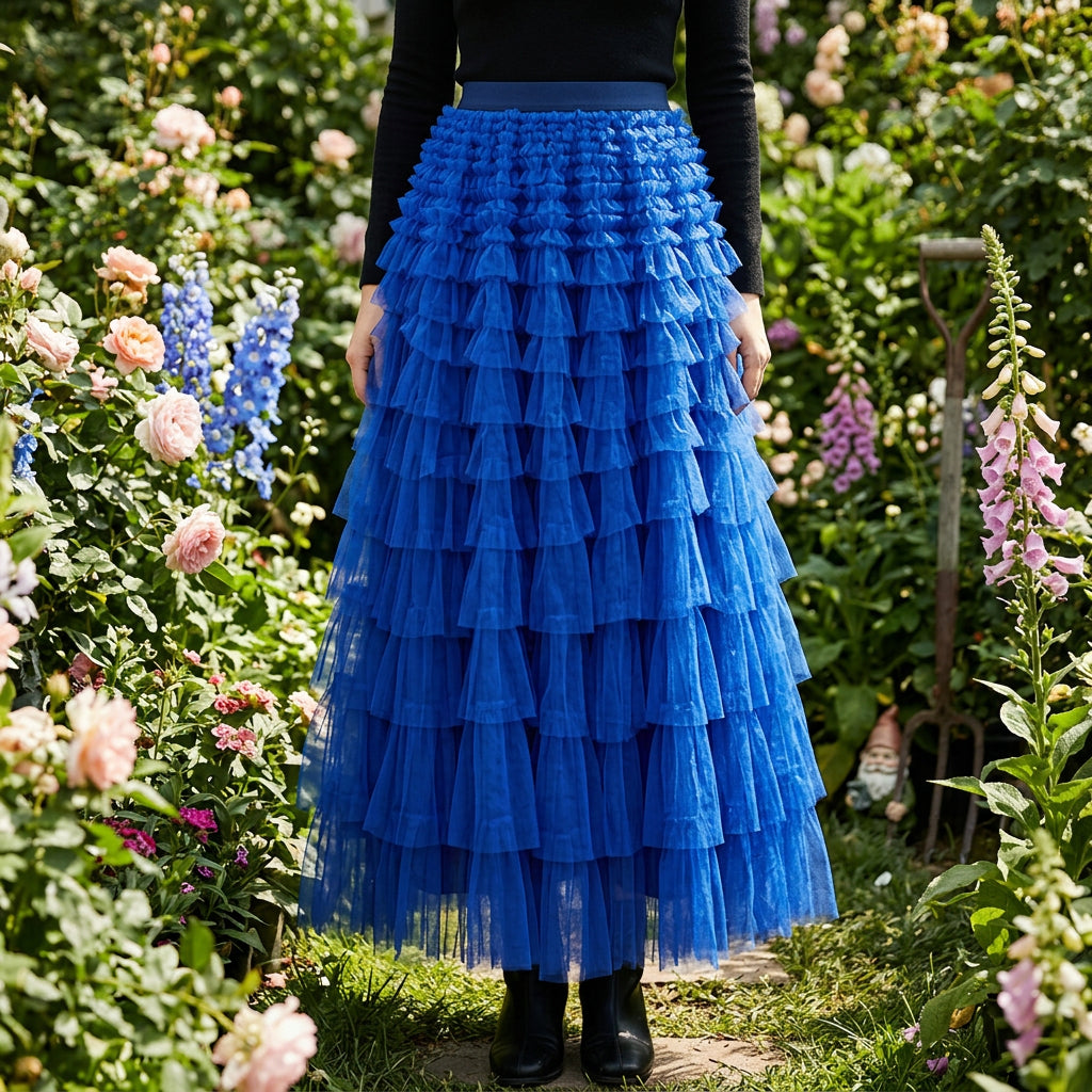 Women's Tiered Mesh Ruffle A-Line Maxi Skirt