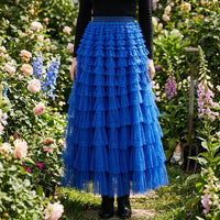 Women's Tiered Mesh Ruffle A-Line Maxi Skirt