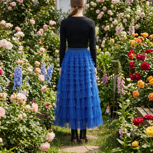 Women's Tiered Mesh Ruffle A-Line Maxi Skirt