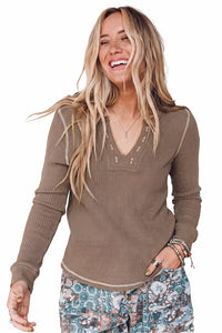 KaleaBoutique Stylish V Neck Ribbed Stitched Detail Long Sleeve Top - KaleaBoutique.com