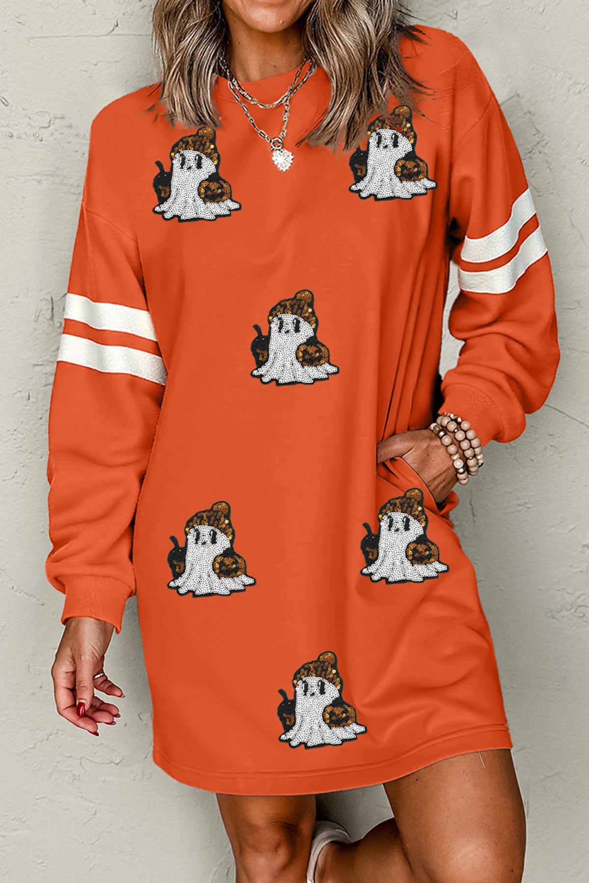 Orange Sequin Ghost Halloween Sweatshirt Dress with Varsity Stripe Sleeves & Pockets - KaleaBoutique.com