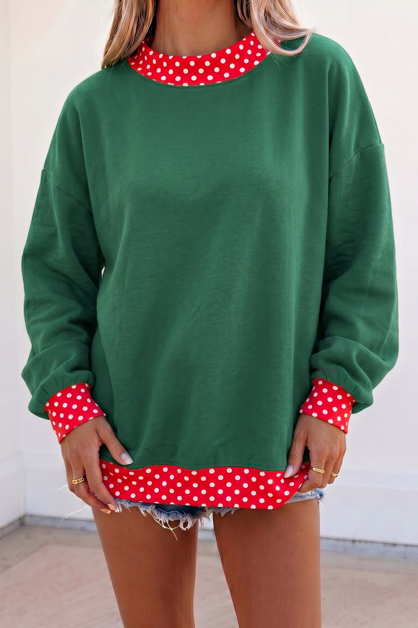KaleaBoutique Comfortable Colorblock Polka Dot Contrast Trim Oversized Sweatshirt - KaleaBoutique.com