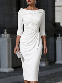 One-shoulder Slim-fit Sheath Dress With Three-quarter-length Pleated Sleeves - KaleaBoutique.com