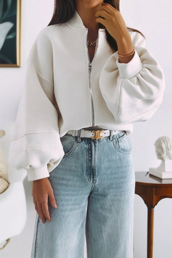 Solid Color Zip Up Knit Puff Sleeve Jacket - KaleaBoutique.com
