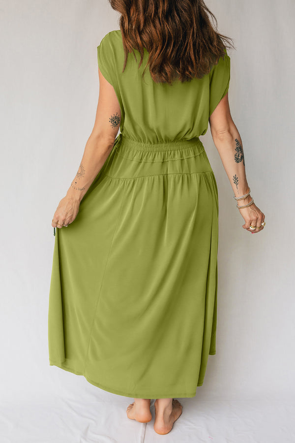KaleaBoutique Comfortable Solid V Neck Cap Sleeve Tunic Elastic Waist Versatile Maxi Dress - KaleaBoutique.com