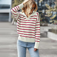 Women's Striped V-Neck Collared Pullover Sweater - KaleaBoutique.com