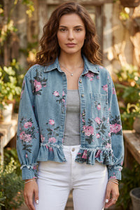 Floral Print Raw Seam Ruffle Hem Denim Jacket - KaleaBoutique.com