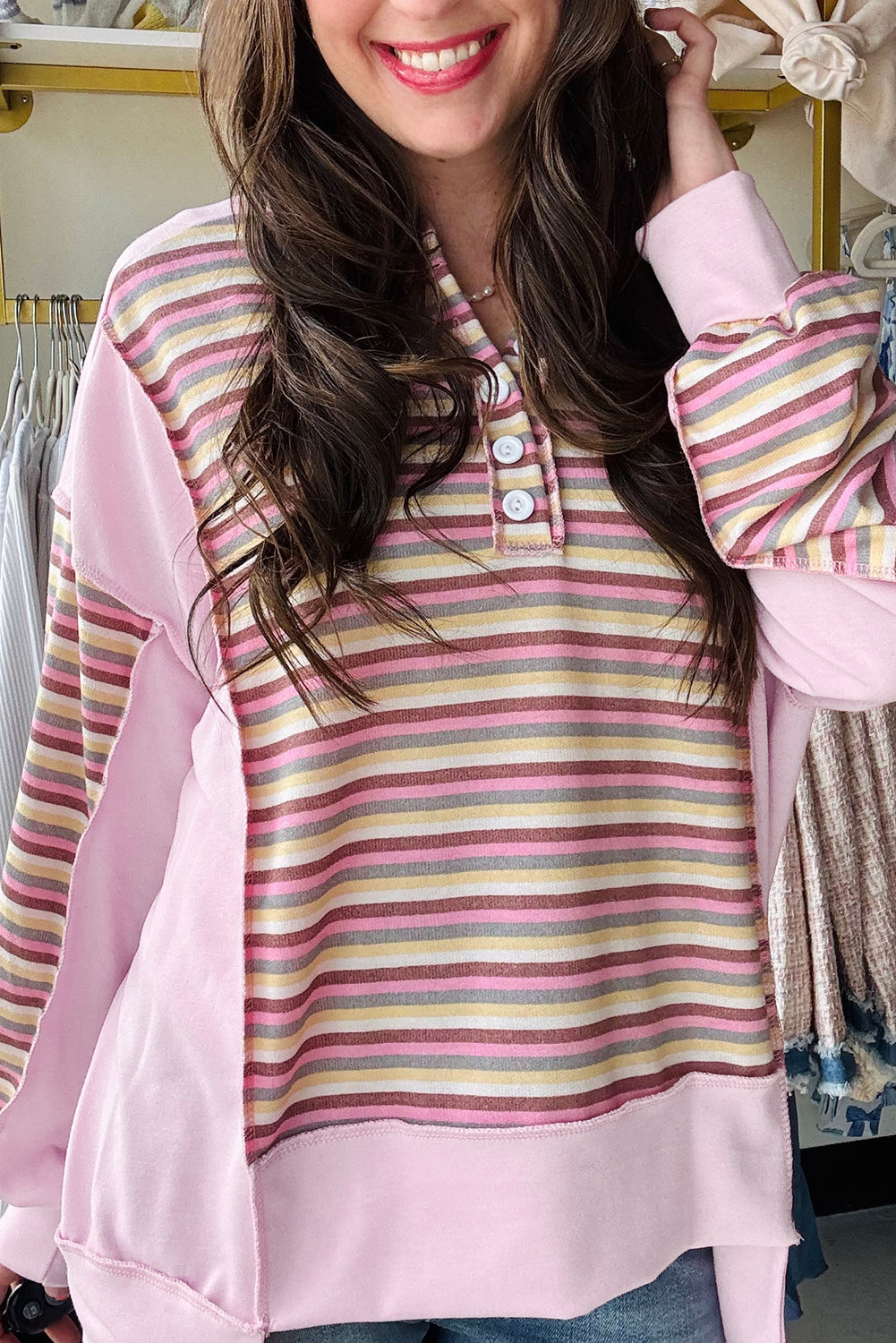 KaleaBoutique Stylish Exposed Seam Color Block Striped Patchwork Loose Henley Sweatshirt - KaleaBoutique.com