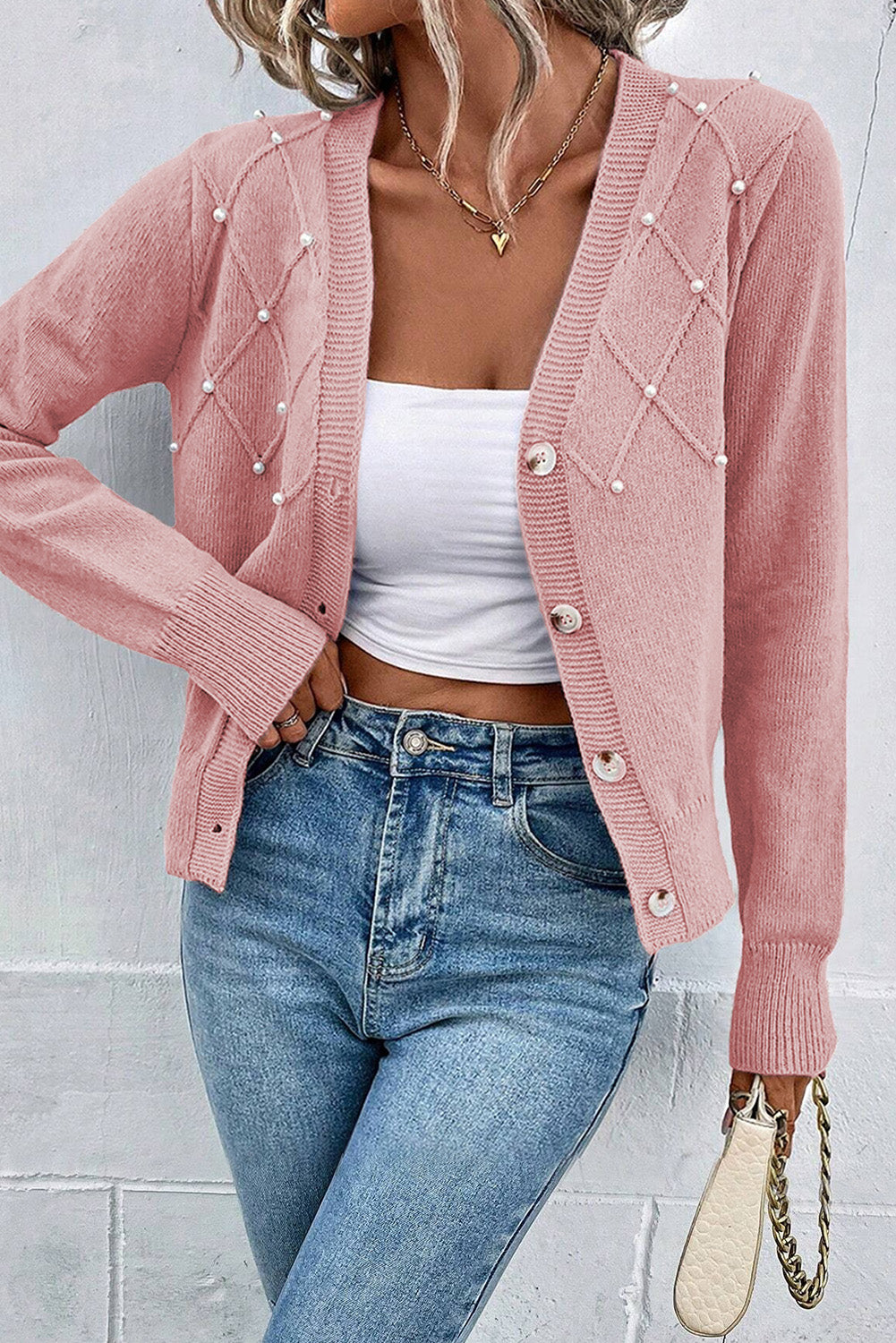 KaleaBoutique Stylish Textured Knit Pearl Beaded Button Up Cardigan - KaleaBoutique.com