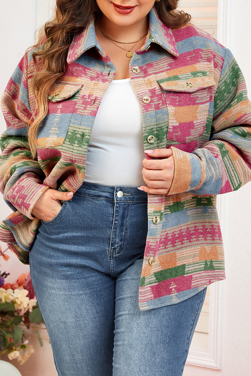 KaleaBoutique Plus Size Aztec Printed Flap Pocket Shacket - KaleaBoutique.com