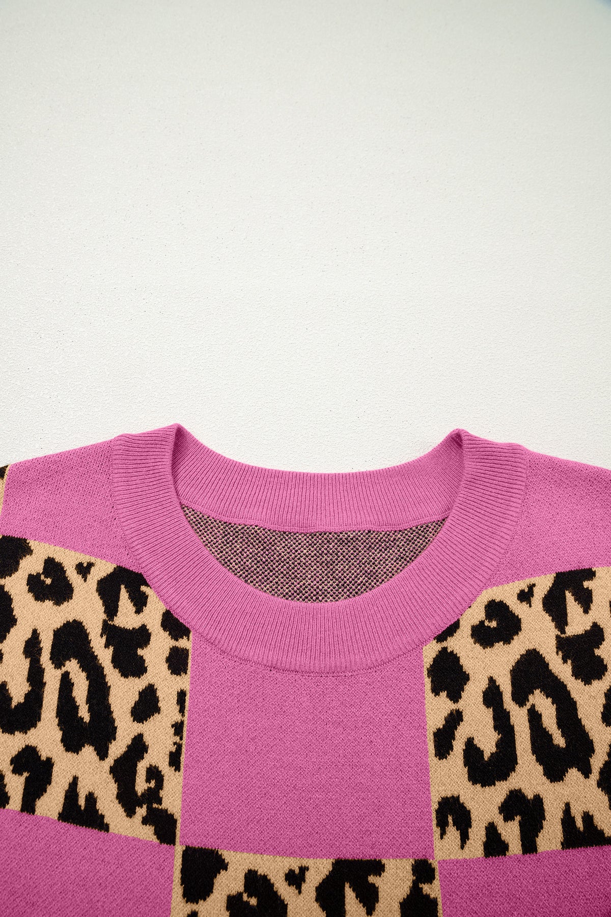 KaleaBoutique Comfortable Leopard Checkerboard Short Sleeve Knit Sweater - KaleaBoutique.com